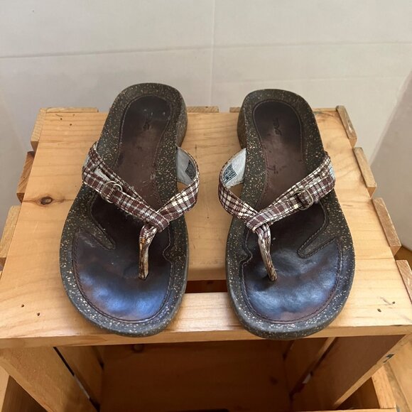 Teva Size 7.5 Brown Plaid Ventura Leather Toe Post Thong Flip Flop Sandals #6503 - Picture 4 of 16